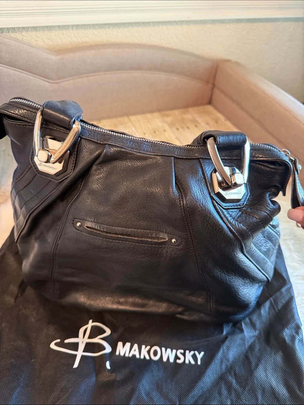 B. Makowsky Black Leather Hobo Bag with heavy silver hardware